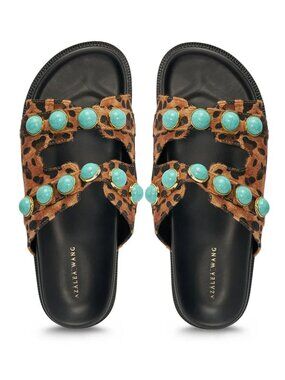 AZALEA WANG Uzumati Leopard Slip On Sandals Flat Size 7 7.5 Turquoise Stones NEW